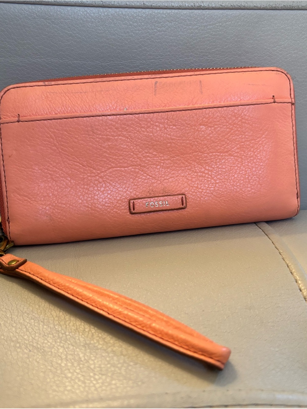 Fossil Coral Pink Leather Wristlet Wallet with Strap